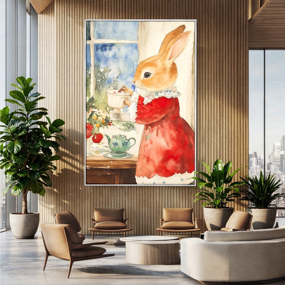 Tablou Canvas Premium LuxCanva® D1047, Iepurasul Rosu si Aroma Ceaiului ,  Iepure, Ceai, Fereastra, Nostalgie, Elegant, Living Room, Culori vibrante