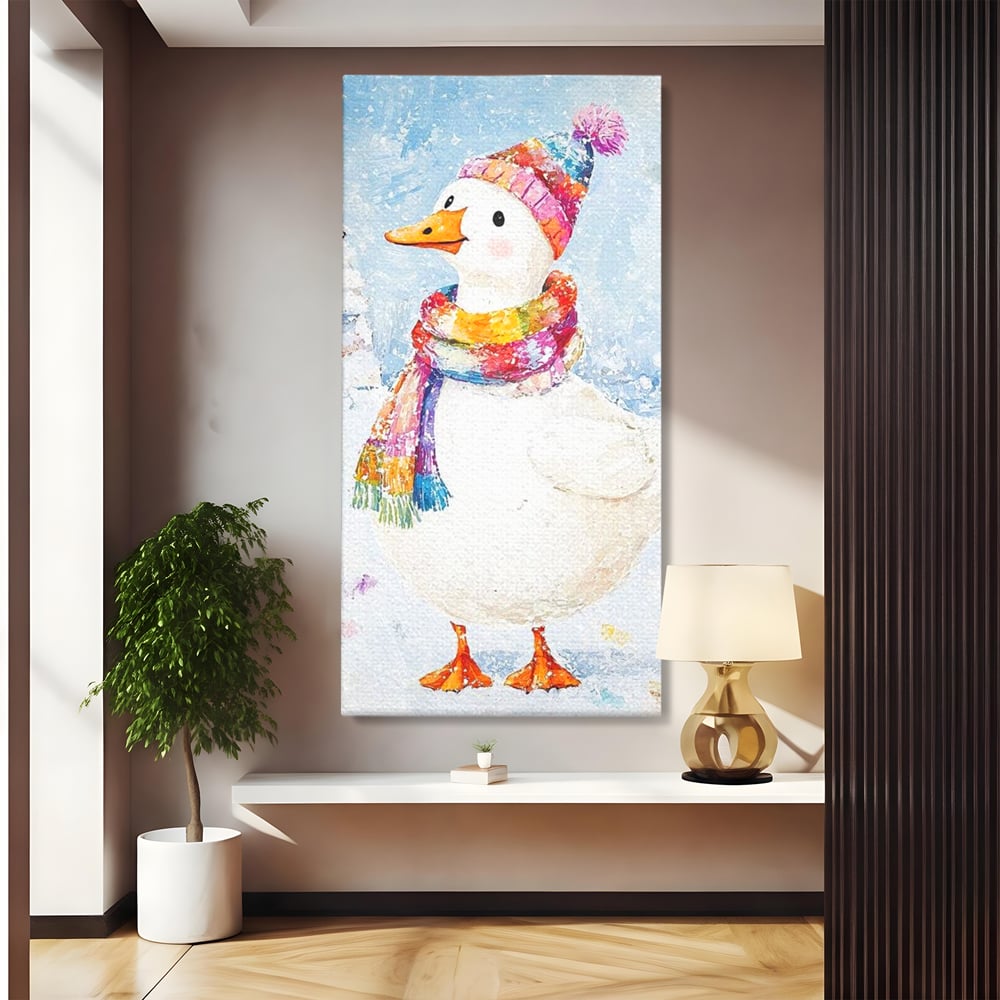 Tablou Canvas Premium LuxCanva® D1048, Rata Vesela in Straie de Iarna , Rata, Iarna, Fular, Zambet, Caciula, Living Room, Culori vibrante
