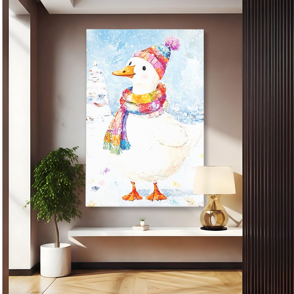 Tablou Canvas Premium LuxCanva® D1048, Rata Vesela in Straie de Iarna , Rata, Iarna, Fular, Zambet, Caciula, Living Room, Culori vibrante