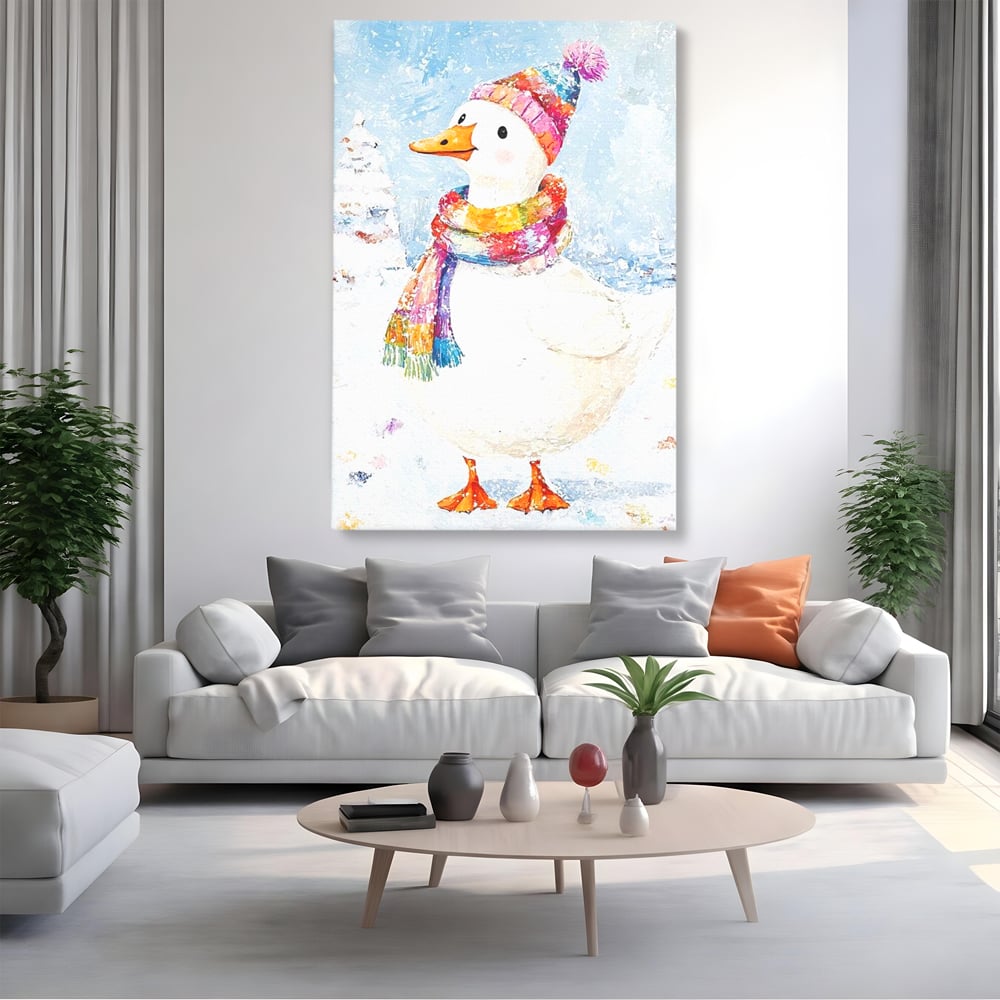 Tablou Canvas Premium LuxCanva® D1048, Rata Vesela in Straie de Iarna , Rata, Iarna, Fular, Zambet, Caciula, Living Room, Culori vibrante