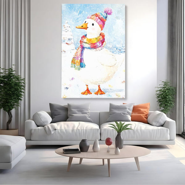 Tablou Canvas Premium LuxCanva® D1048, Rata Vesela in Straie de Iarna , Rata, Iarna, Fular, Zambet, Caciula, Living Room, Culori vibrante