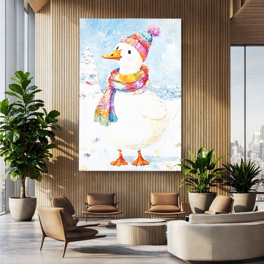 Tablou Canvas Premium LuxCanva® D1048, Rata Vesela in Straie de Iarna , Rata, Iarna, Fular, Zambet, Caciula, Living Room, Culori vibrante
