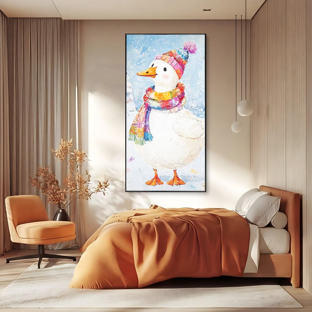 Tablou Canvas Premium LuxCanva® D1048, Rata Vesela in Straie de Iarna , Rata, Iarna, Fular, Zambet, Caciula, Living Room, Culori vibrante