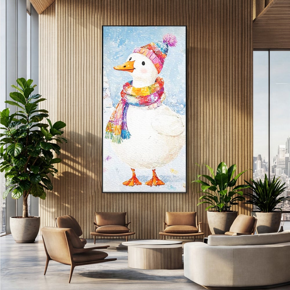 Tablou Canvas Premium LuxCanva® D1048, Rata Vesela in Straie de Iarna , Rata, Iarna, Fular, Zambet, Caciula, Living Room, Culori vibrante