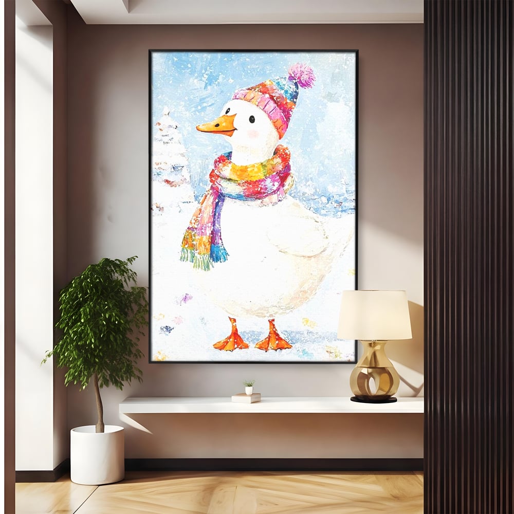 Tablou Canvas Premium LuxCanva® D1048, Rata Vesela in Straie de Iarna , Rata, Iarna, Fular, Zambet, Caciula, Living Room, Culori vibrante