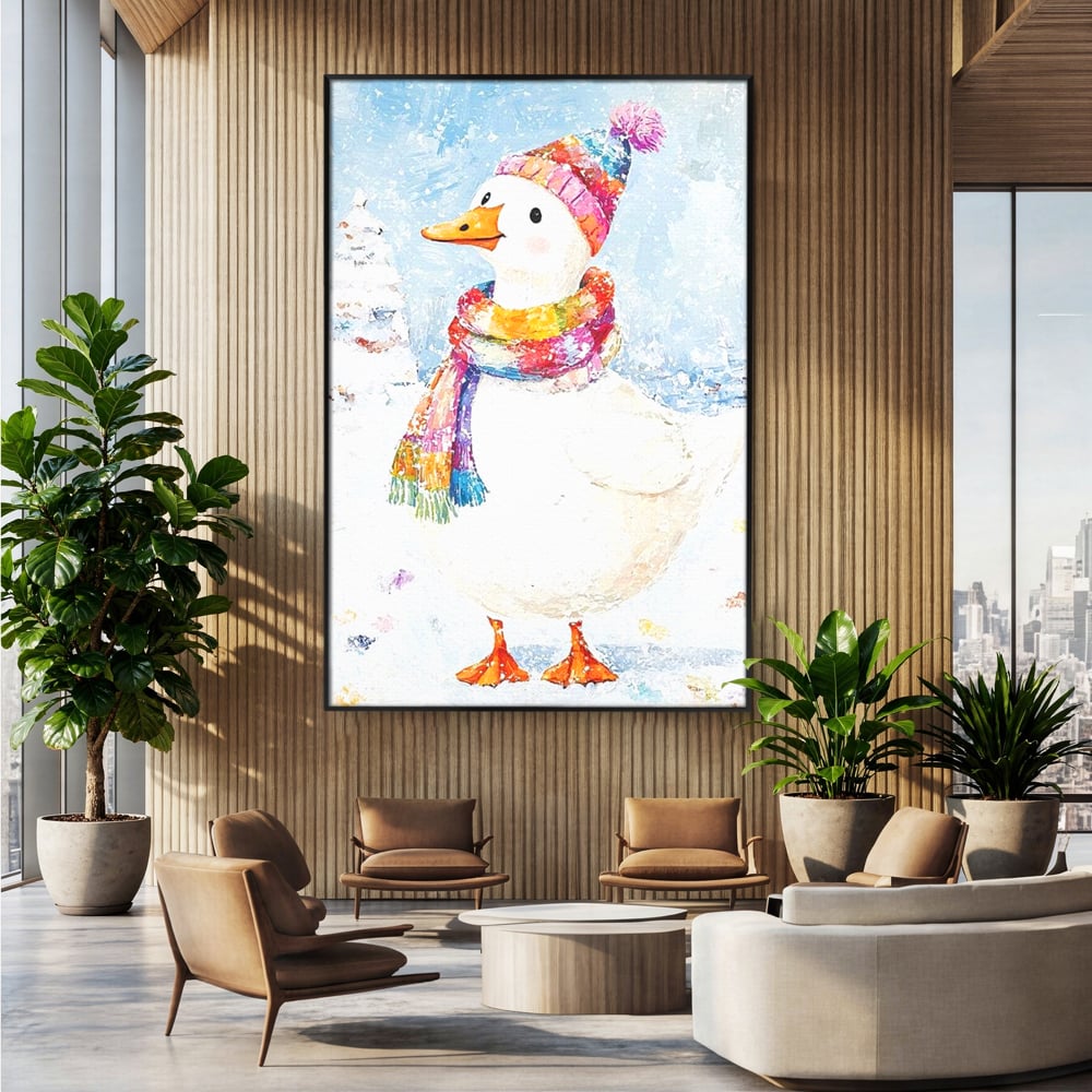 Tablou Canvas Premium LuxCanva® D1048, Rata Vesela in Straie de Iarna , Rata, Iarna, Fular, Zambet, Caciula, Living Room, Culori vibrante