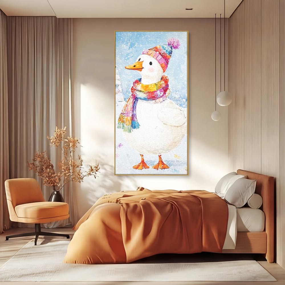 Tablou Canvas Premium LuxCanva® D1048, Rata Vesela in Straie de Iarna , Rata, Iarna, Fular, Zambet, Caciula, Living Room, Culori vibrante