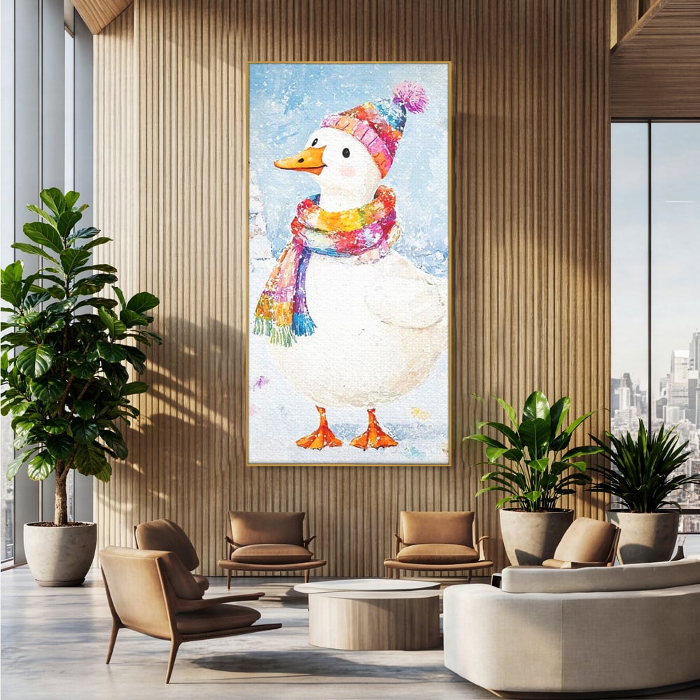 Tablou Canvas Premium LuxCanva® D1048, Rata Vesela in Straie de Iarna , Rata, Iarna, Fular, Zambet, Caciula, Living Room, Culori vibrante
