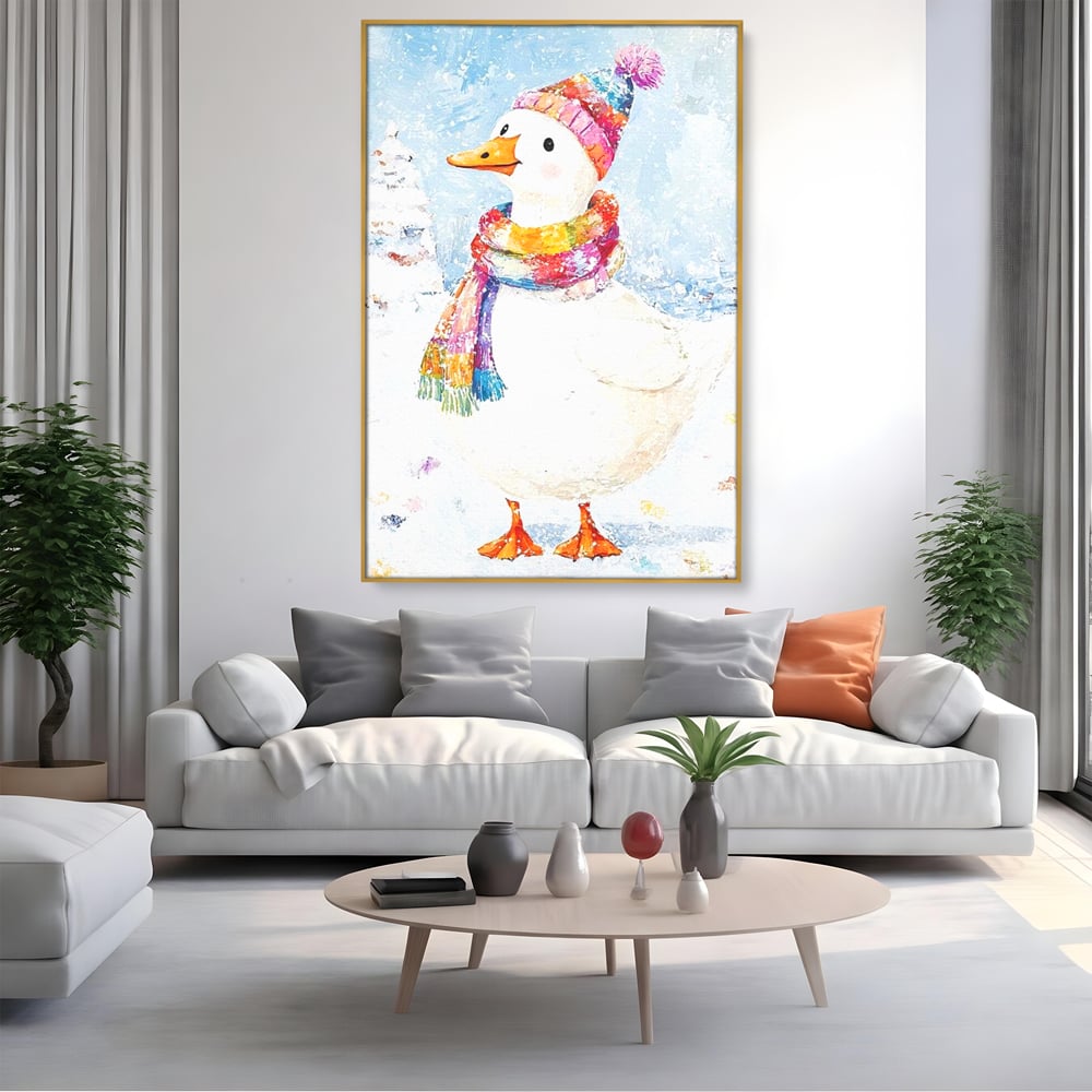 Tablou Canvas Premium LuxCanva® D1048, Rata Vesela in Straie de Iarna , Rata, Iarna, Fular, Zambet, Caciula, Living Room, Culori vibrante