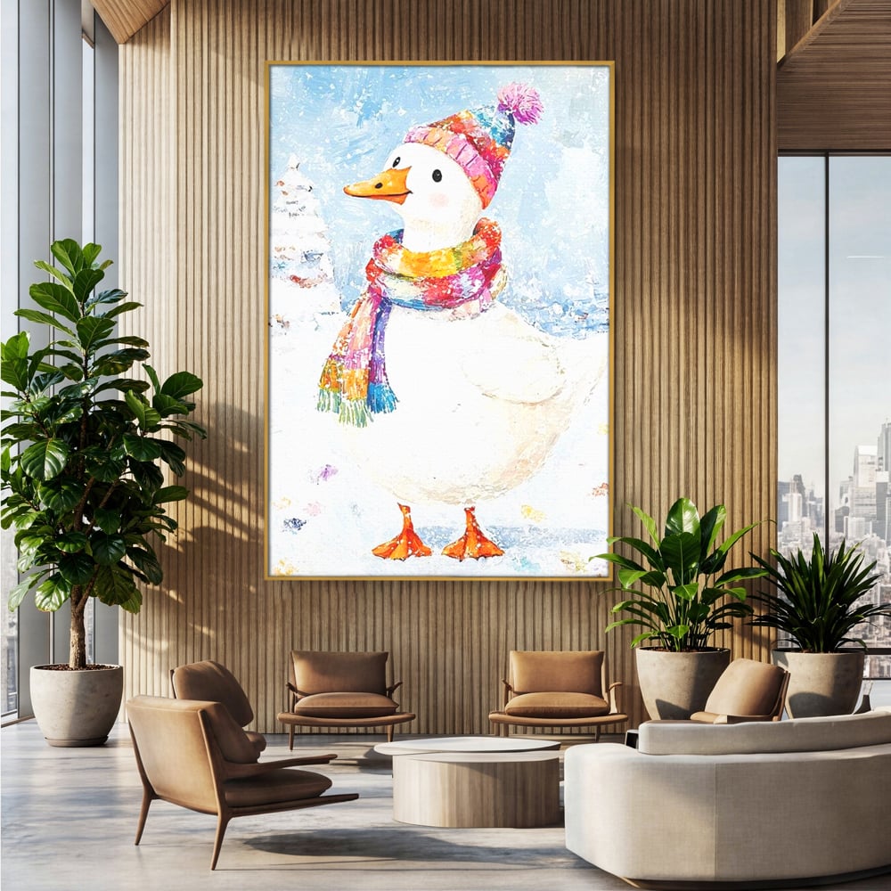 Tablou Canvas Premium LuxCanva® D1048, Rata Vesela in Straie de Iarna , Rata, Iarna, Fular, Zambet, Caciula, Living Room, Culori vibrante