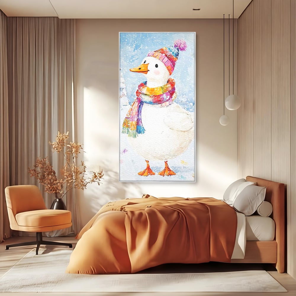 Tablou Canvas Premium LuxCanva® D1048, Rata Vesela in Straie de Iarna , Rata, Iarna, Fular, Zambet, Caciula, Living Room, Culori vibrante