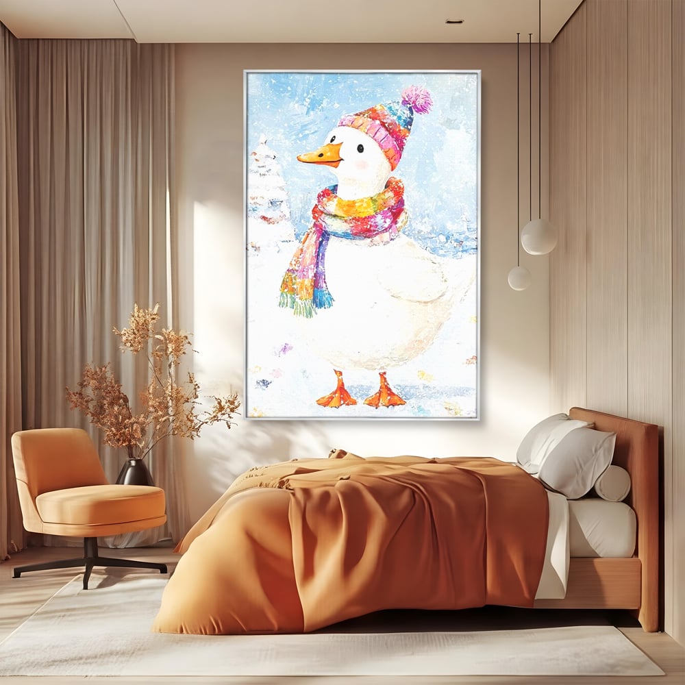 Tablou Canvas Premium LuxCanva® D1048, Rata Vesela in Straie de Iarna , Rata, Iarna, Fular, Zambet, Caciula, Living Room, Culori vibrante