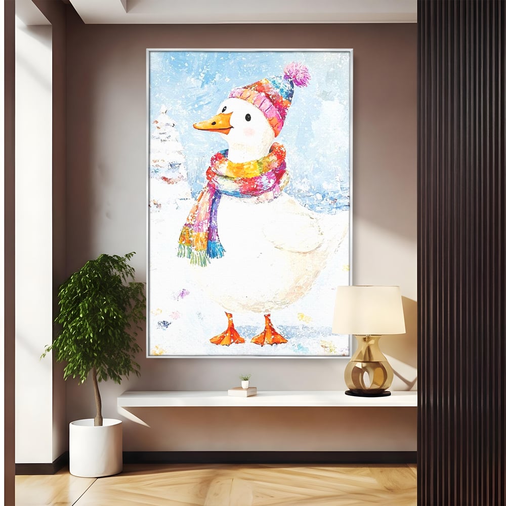Tablou Canvas Premium LuxCanva® D1048, Rata Vesela in Straie de Iarna , Rata, Iarna, Fular, Zambet, Caciula, Living Room, Culori vibrante