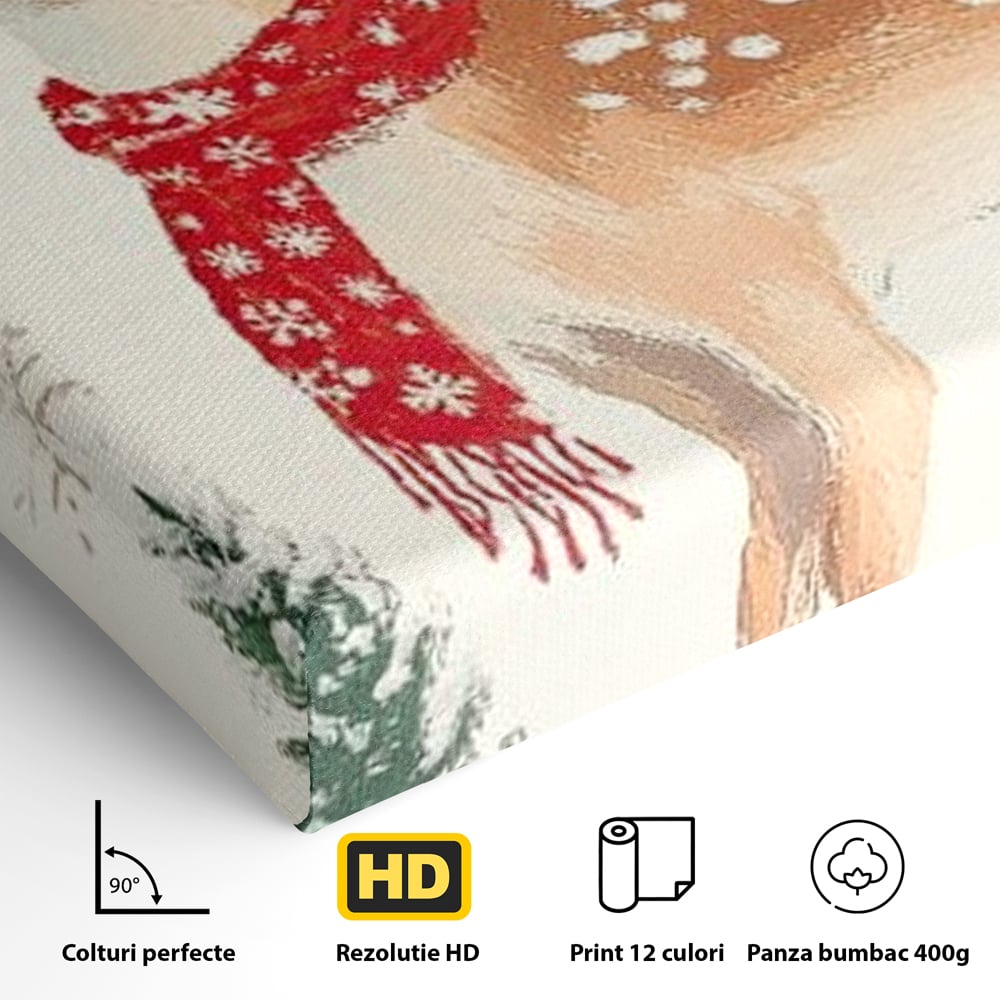 Tablou Canvas Premium LuxCanva® D1049, Povestea Renului cu Fular Rosu ,  Ren, Brad, Fular, Rosu, Zapada, Living Room, Culori vibrante