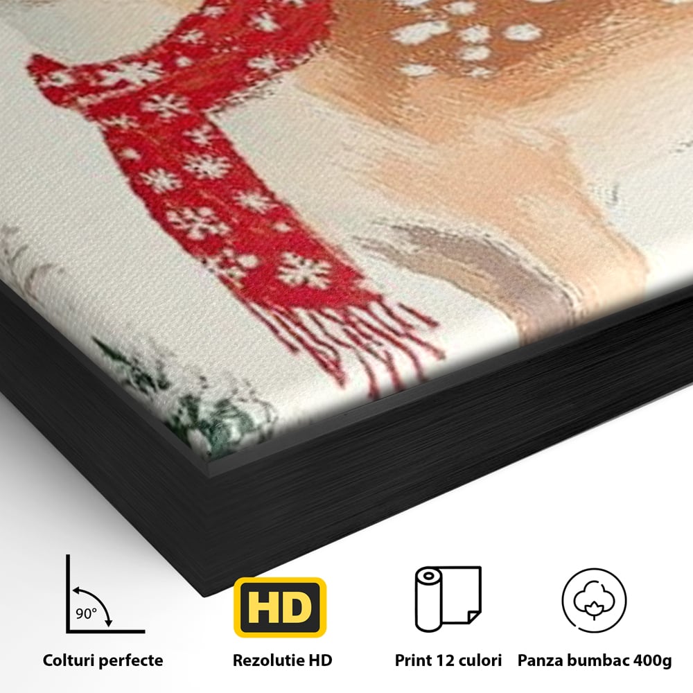 Tablou Canvas Premium LuxCanva® D1049, Povestea Renului cu Fular Rosu ,  Ren, Brad, Fular, Rosu, Zapada, Living Room, Culori vibrante