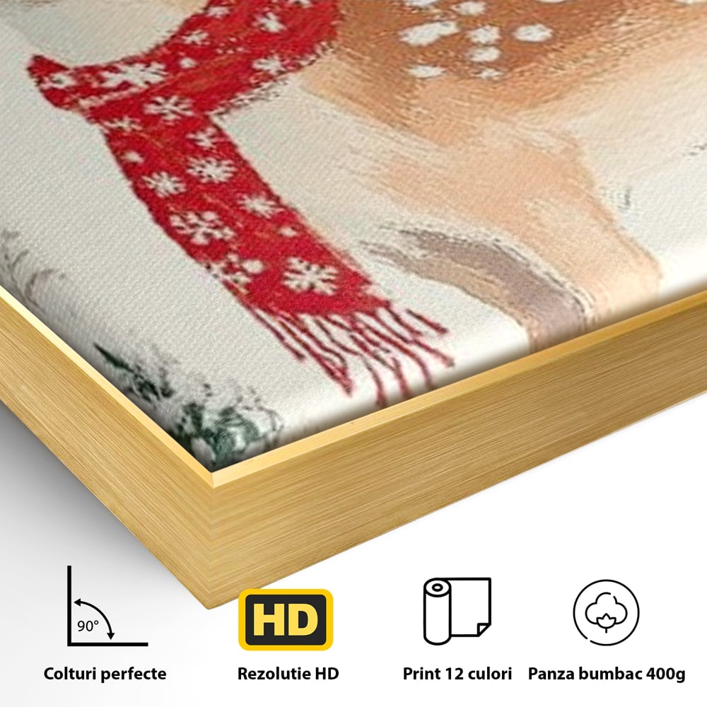 Tablou Canvas Premium LuxCanva® D1049, Povestea Renului cu Fular Rosu ,  Ren, Brad, Fular, Rosu, Zapada, Living Room, Culori vibrante