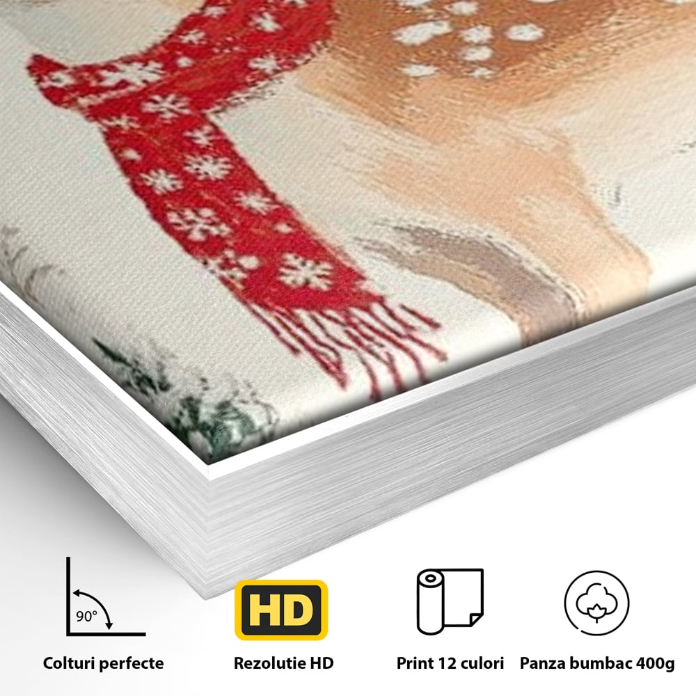 Tablou Canvas Premium LuxCanva® D1049, Povestea Renului cu Fular Rosu ,  Ren, Brad, Fular, Rosu, Zapada, Living Room, Culori vibrante
