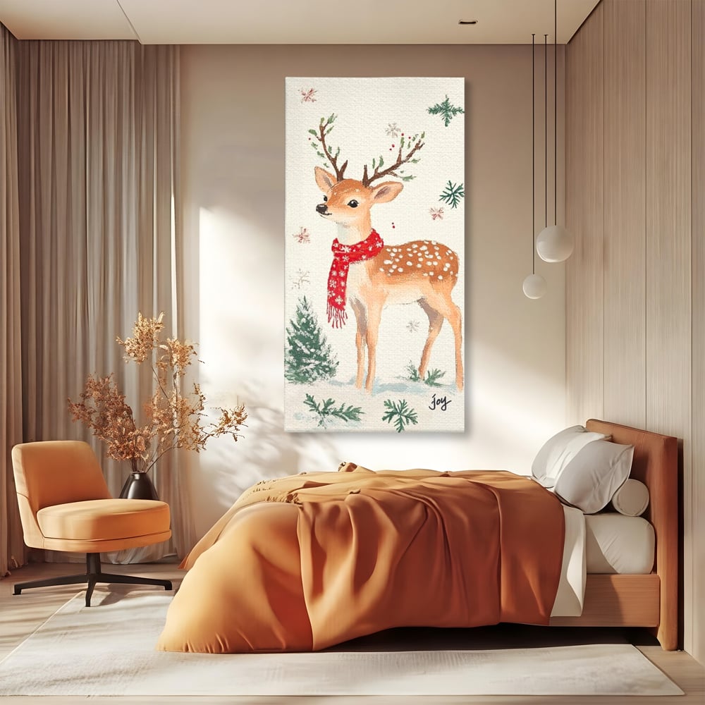 Tablou Canvas Premium LuxCanva® D1049, Povestea Renului cu Fular Rosu ,  Ren, Brad, Fular, Rosu, Zapada, Living Room, Culori vibrante