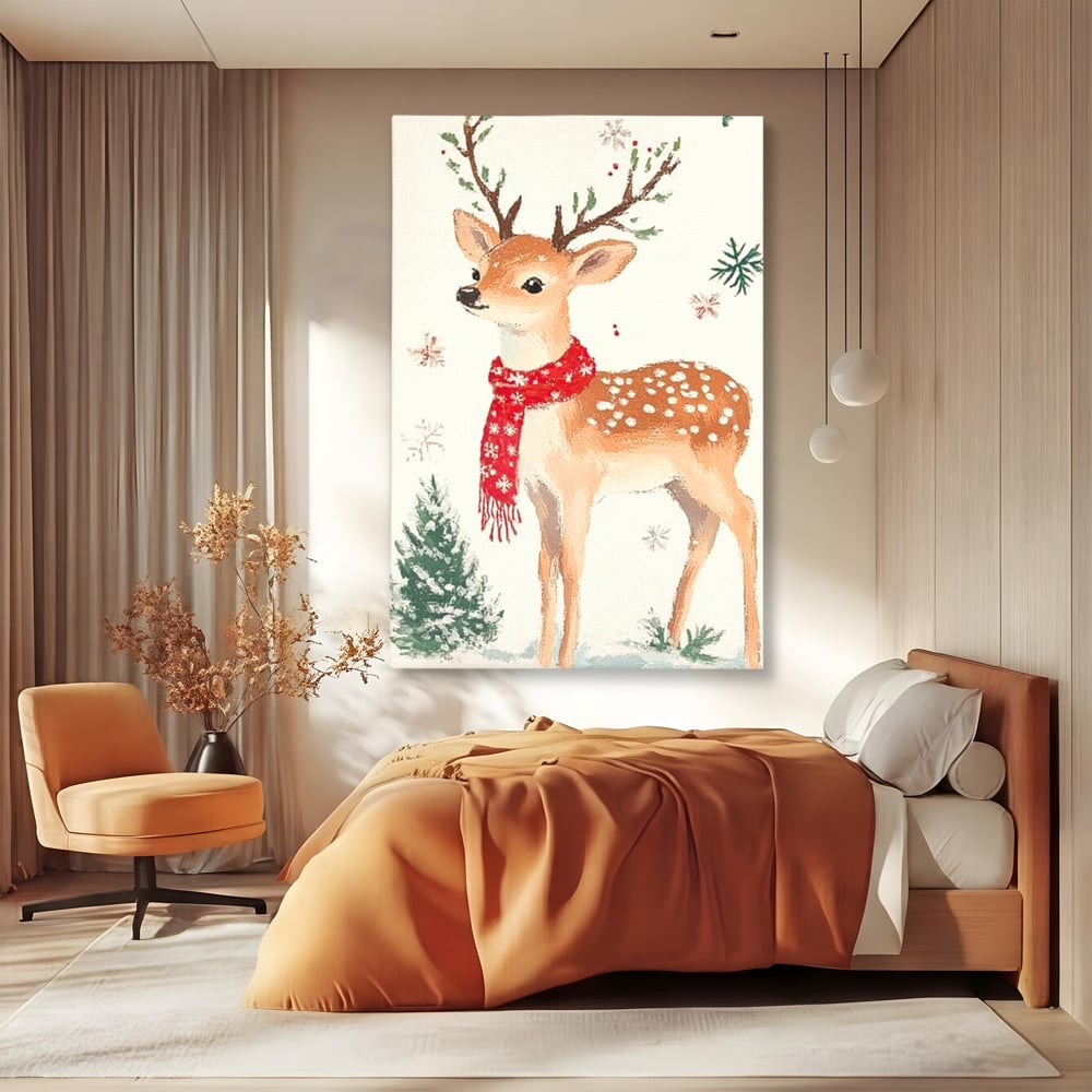 Tablou Canvas Premium LuxCanva® D1049, Povestea Renului cu Fular Rosu ,  Ren, Brad, Fular, Rosu, Zapada, Living Room, Culori vibrante