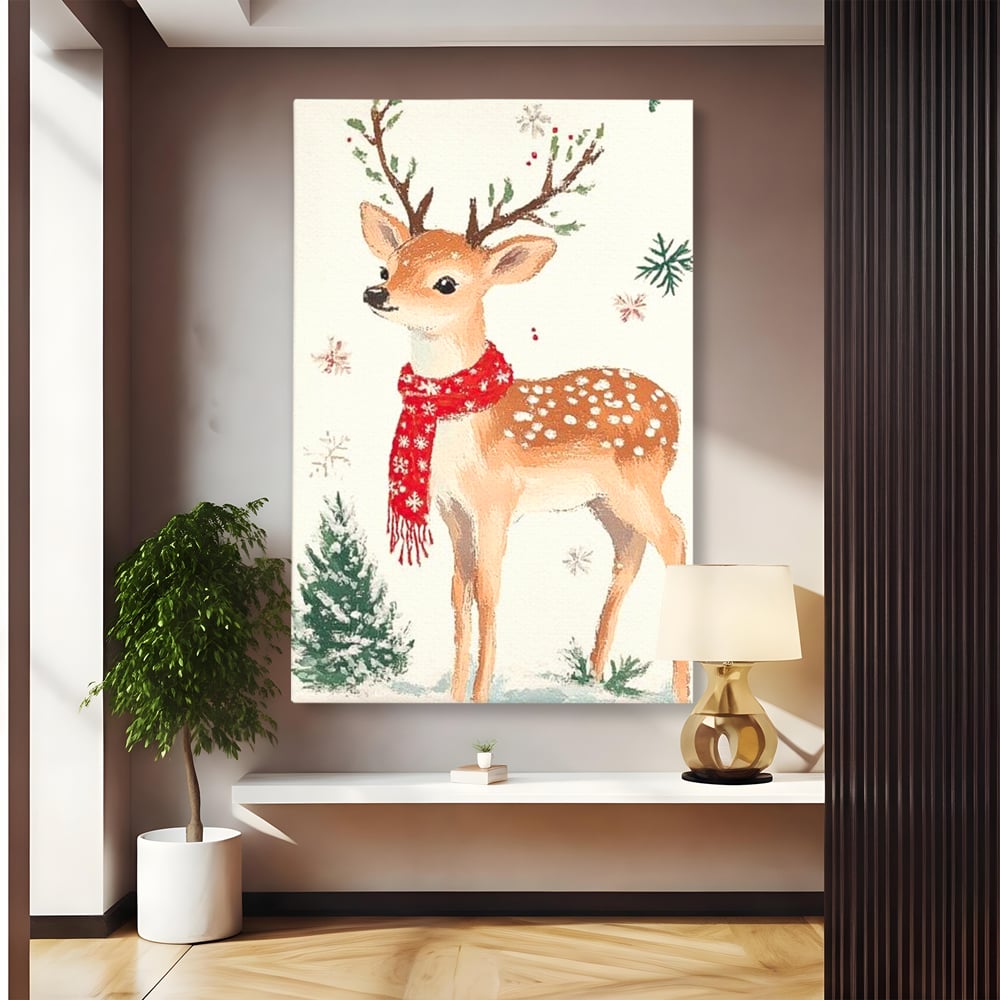 Tablou Canvas Premium LuxCanva® D1049, Povestea Renului cu Fular Rosu ,  Ren, Brad, Fular, Rosu, Zapada, Living Room, Culori vibrante