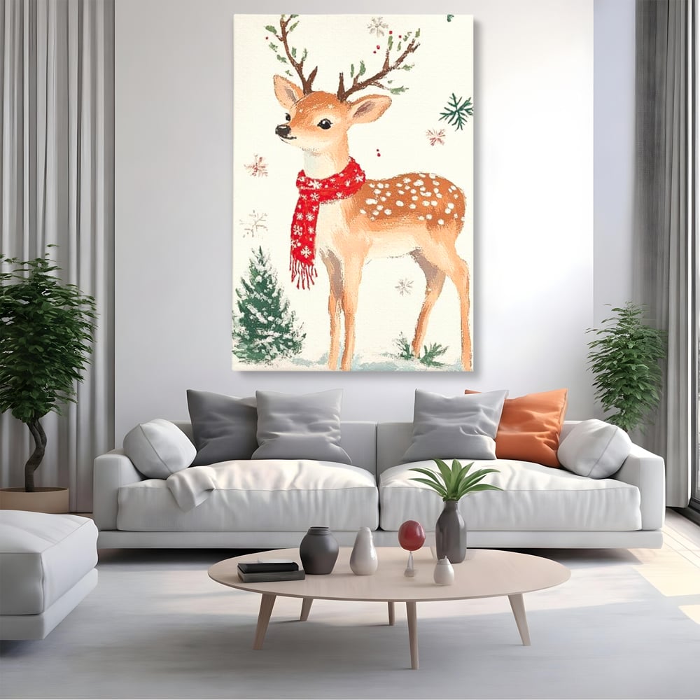 Tablou Canvas Premium LuxCanva® D1049, Povestea Renului cu Fular Rosu ,  Ren, Brad, Fular, Rosu, Zapada, Living Room, Culori vibrante