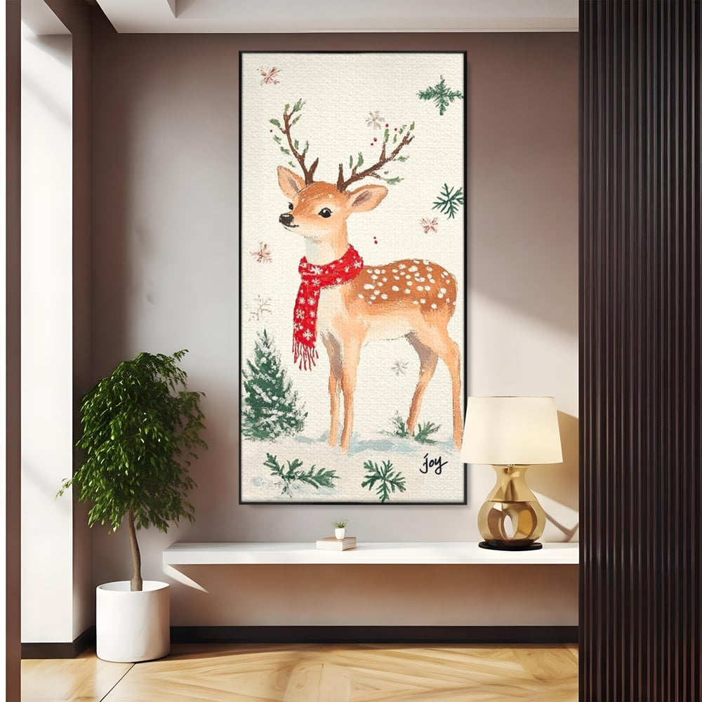 Tablou Canvas Premium LuxCanva® D1049, Povestea Renului cu Fular Rosu ,  Ren, Brad, Fular, Rosu, Zapada, Living Room, Culori vibrante