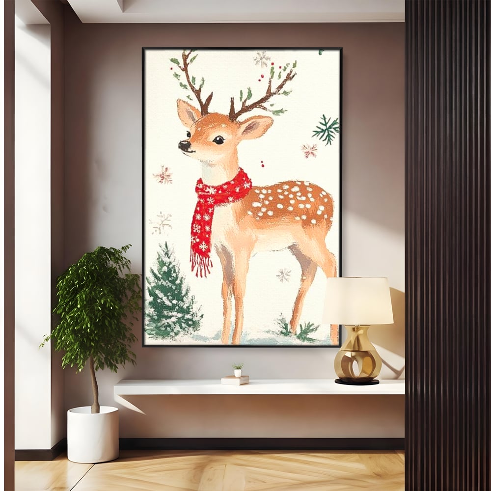 Tablou Canvas Premium LuxCanva® D1049, Povestea Renului cu Fular Rosu ,  Ren, Brad, Fular, Rosu, Zapada, Living Room, Culori vibrante