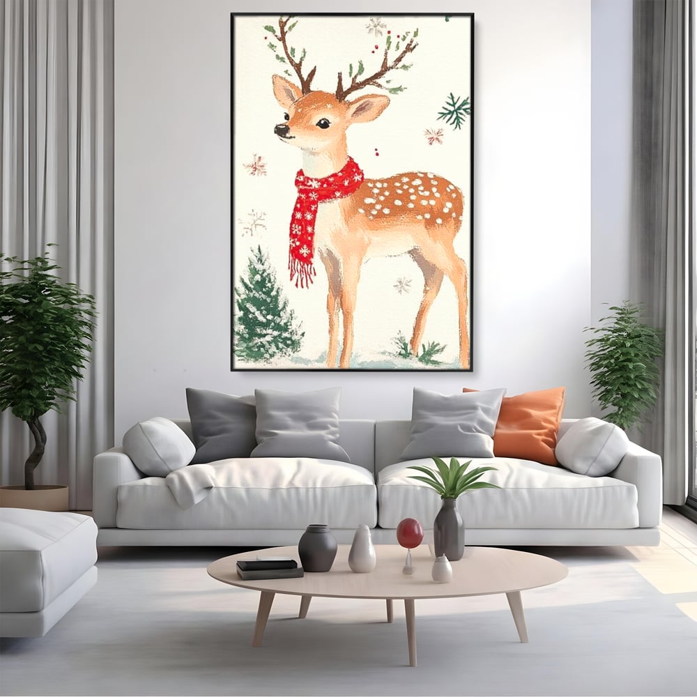 Tablou Canvas Premium LuxCanva® D1049, Povestea Renului cu Fular Rosu ,  Ren, Brad, Fular, Rosu, Zapada, Living Room, Culori vibrante