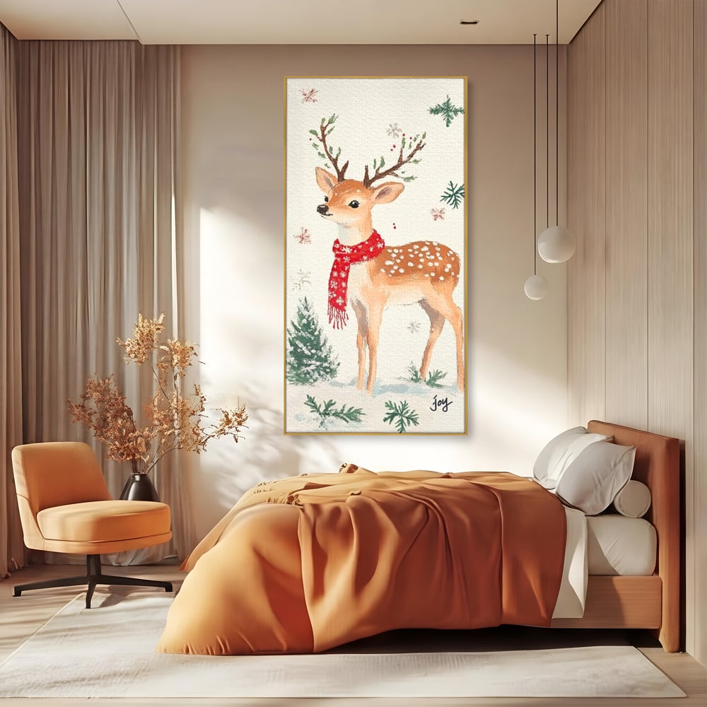Tablou Canvas Premium LuxCanva® D1049, Povestea Renului cu Fular Rosu ,  Ren, Brad, Fular, Rosu, Zapada, Living Room, Culori vibrante