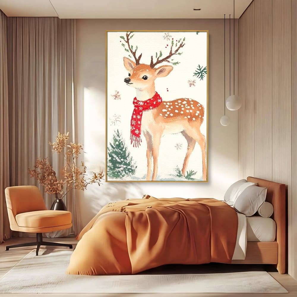 Tablou Canvas Premium LuxCanva® D1049, Povestea Renului cu Fular Rosu ,  Ren, Brad, Fular, Rosu, Zapada, Living Room, Culori vibrante