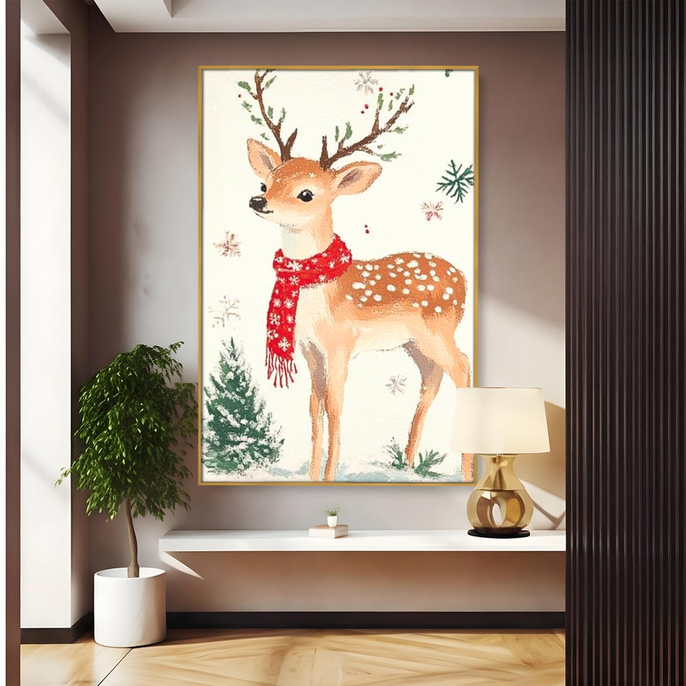 Tablou Canvas Premium LuxCanva® D1049, Povestea Renului cu Fular Rosu ,  Ren, Brad, Fular, Rosu, Zapada, Living Room, Culori vibrante