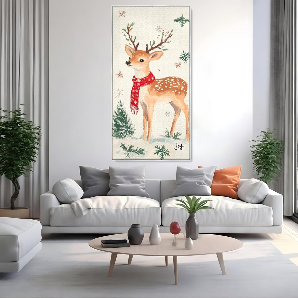 Tablou Canvas Premium LuxCanva® D1049, Povestea Renului cu Fular Rosu ,  Ren, Brad, Fular, Rosu, Zapada, Living Room, Culori vibrante