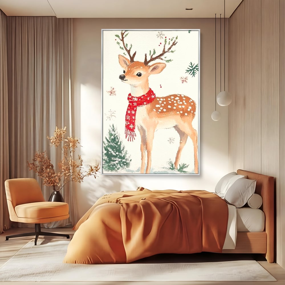 Tablou Canvas Premium LuxCanva® D1049, Povestea Renului cu Fular Rosu ,  Ren, Brad, Fular, Rosu, Zapada, Living Room, Culori vibrante