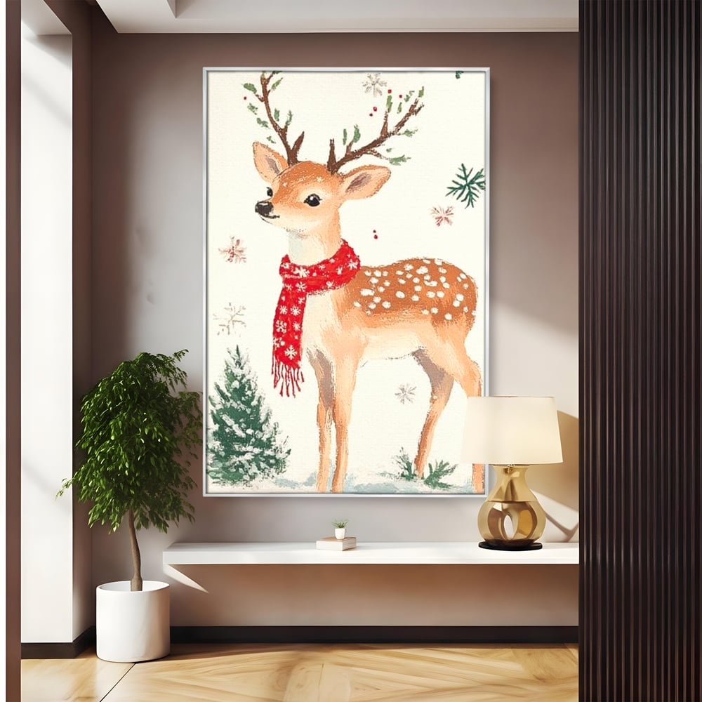 Tablou Canvas Premium LuxCanva® D1049, Povestea Renului cu Fular Rosu ,  Ren, Brad, Fular, Rosu, Zapada, Living Room, Culori vibrante