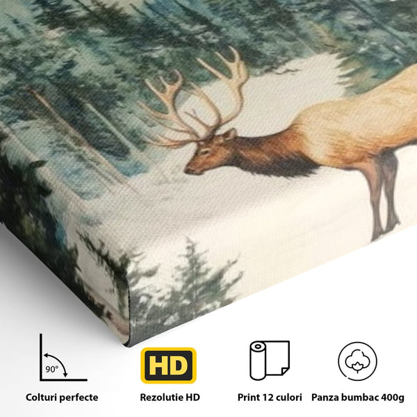Tablou Canvas Premium LuxCanva® D1050, Cerbul din Muntii Inzapeziti , Cerb, Brazi, Munti, Natura, Zapada, Padure, Living Room, Culori vibrante