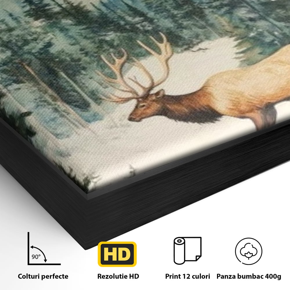 Tablou Canvas Premium LuxCanva® D1050, Cerbul din Muntii Inzapeziti , Cerb, Brazi, Munti, Natura, Zapada, Padure, Living Room, Culori vibrante