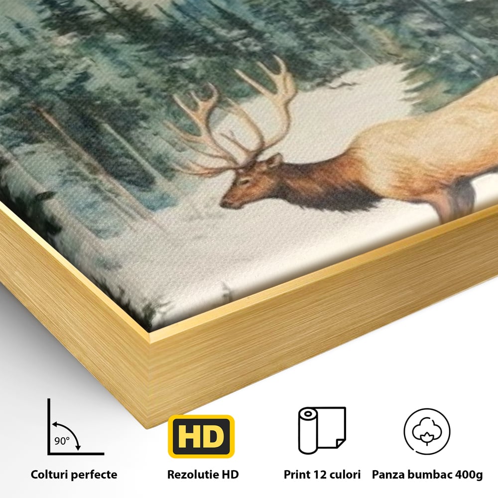 Tablou Canvas Premium LuxCanva® D1050, Cerbul din Muntii Inzapeziti , Cerb, Brazi, Munti, Natura, Zapada, Padure, Living Room, Culori vibrante