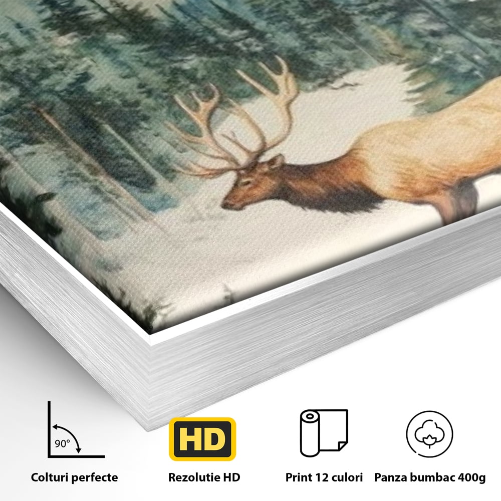 Tablou Canvas Premium LuxCanva® D1050, Cerbul din Muntii Inzapeziti , Cerb, Brazi, Munti, Natura, Zapada, Padure, Living Room, Culori vibrante