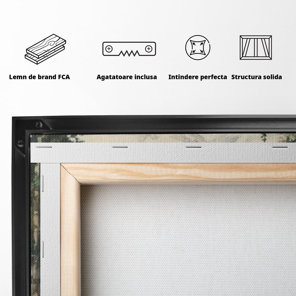 Tablou Canvas Premium LuxCanva® D1050, Cerbul din Muntii Inzapeziti , Cerb, Brazi, Munti, Natura, Zapada, Padure, Living Room, Culori vibrante