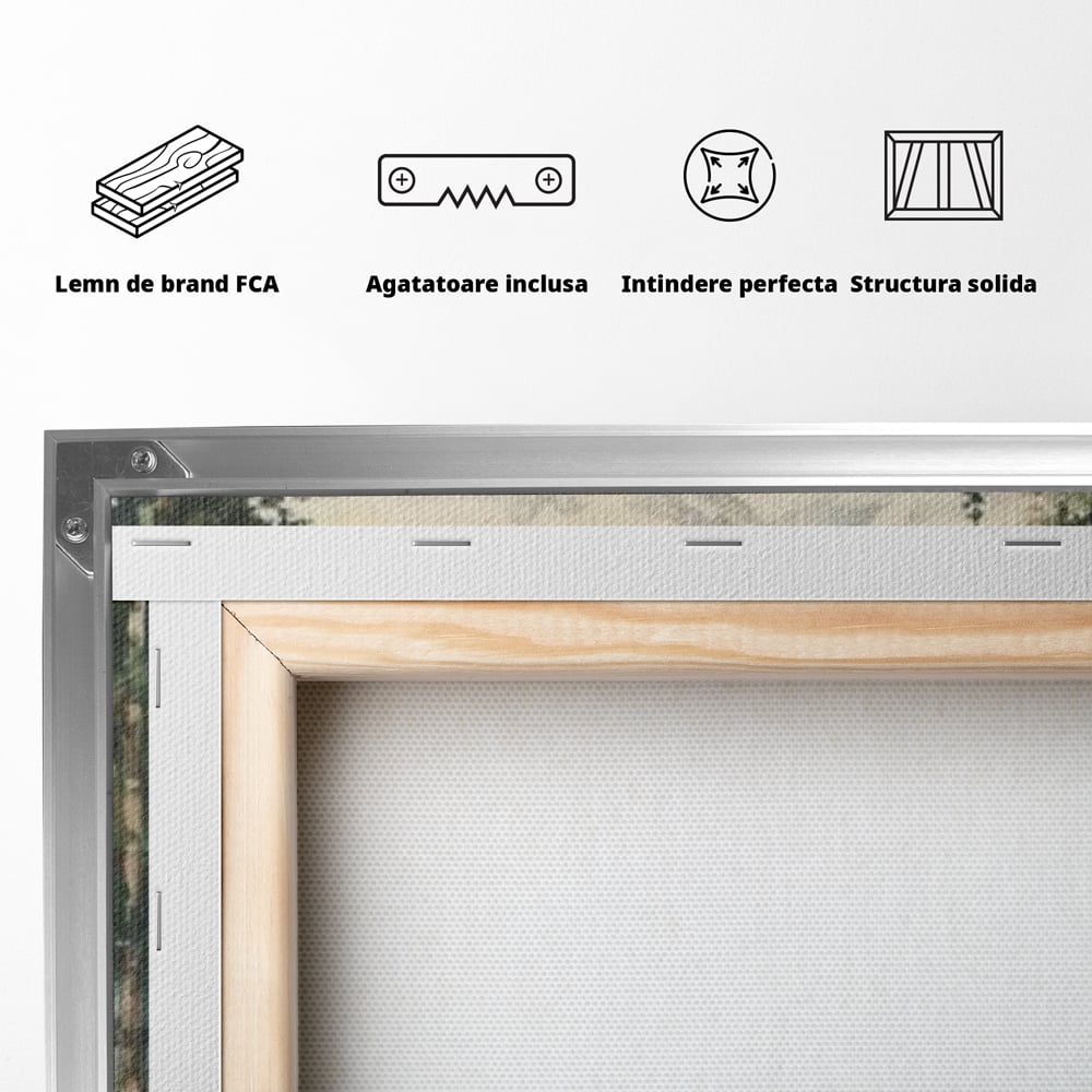 Tablou Canvas Premium LuxCanva® D1050, Cerbul din Muntii Inzapeziti , Cerb, Brazi, Munti, Natura, Zapada, Padure, Living Room, Culori vibrante