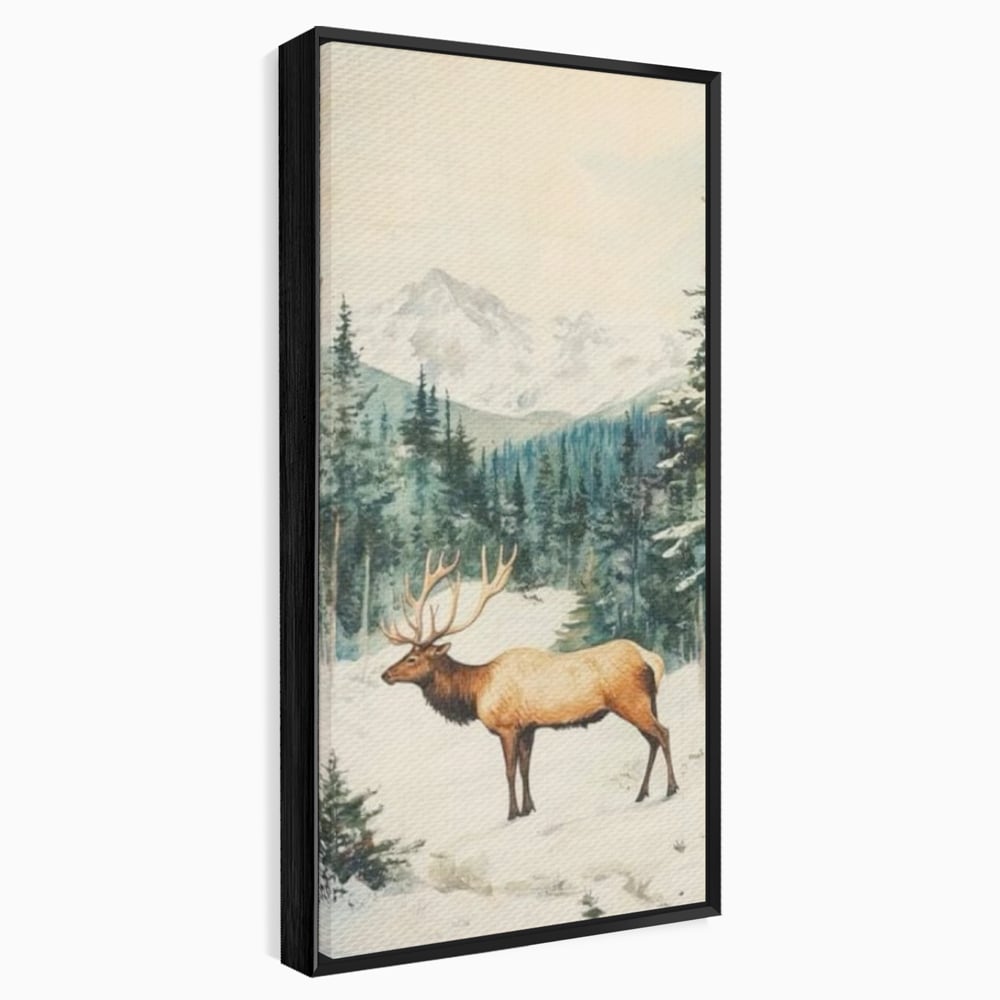 Tablou Canvas Premium LuxCanva® D1050, Cerbul din Muntii Inzapeziti , Cerb, Brazi, Munti, Natura, Zapada, Padure, Living Room, Culori vibrante