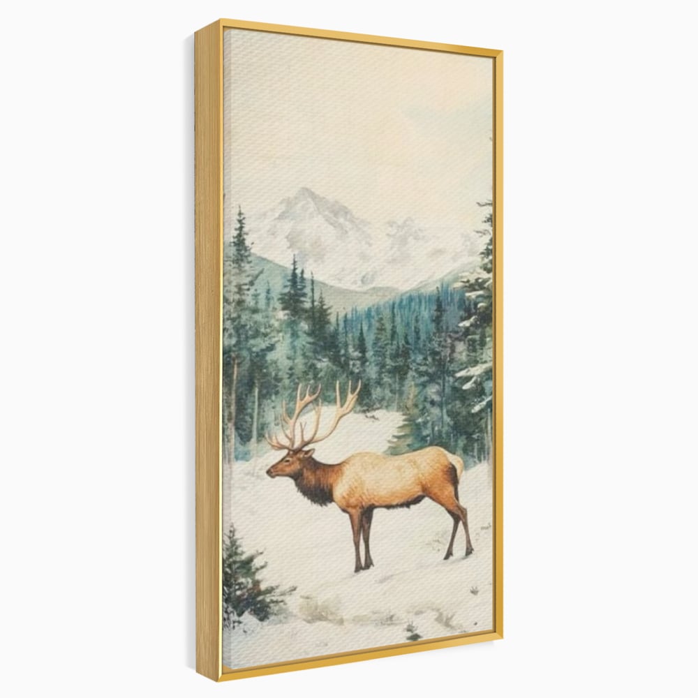 Tablou Canvas Premium LuxCanva® D1050, Cerbul din Muntii Inzapeziti , Cerb, Brazi, Munti, Natura, Zapada, Padure, Living Room, Culori vibrante