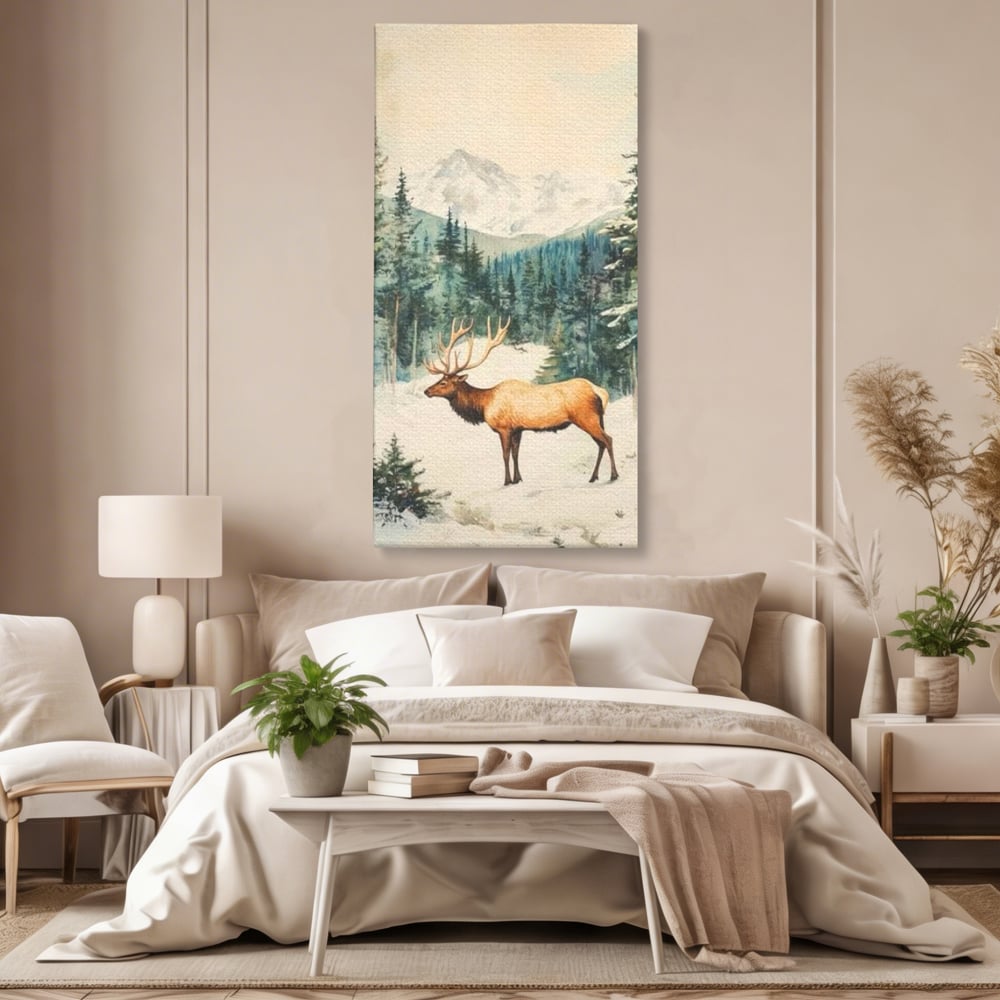 Tablou Canvas Premium LuxCanva® D1050, Cerbul din Muntii Inzapeziti , Cerb, Brazi, Munti, Natura, Zapada, Padure, Living Room, Culori vibrante
