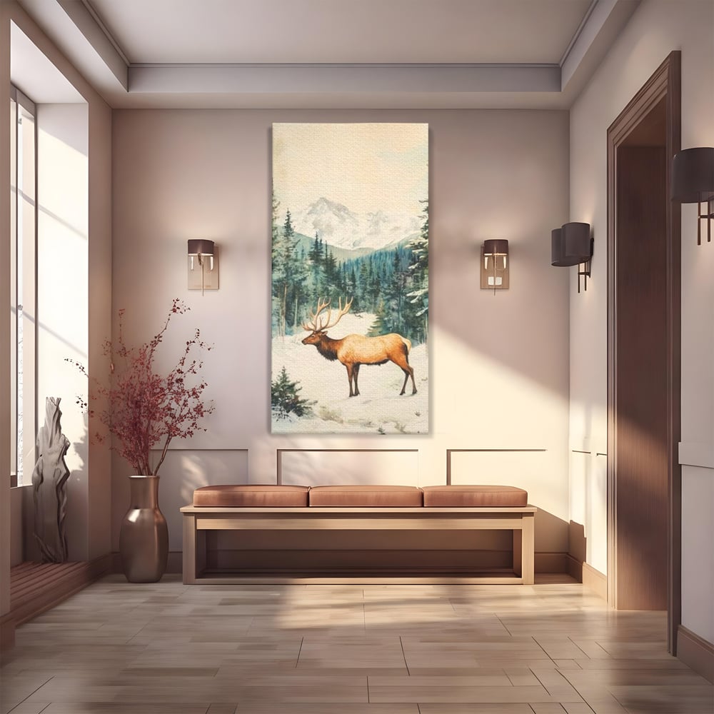 Tablou Canvas Premium LuxCanva® D1050, Cerbul din Muntii Inzapeziti , Cerb, Brazi, Munti, Natura, Zapada, Padure, Living Room, Culori vibrante