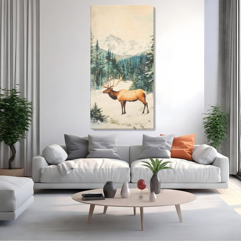 Tablou Canvas Premium LuxCanva® D1050, Cerbul din Muntii Inzapeziti , Cerb, Brazi, Munti, Natura, Zapada, Padure, Living Room, Culori vibrante