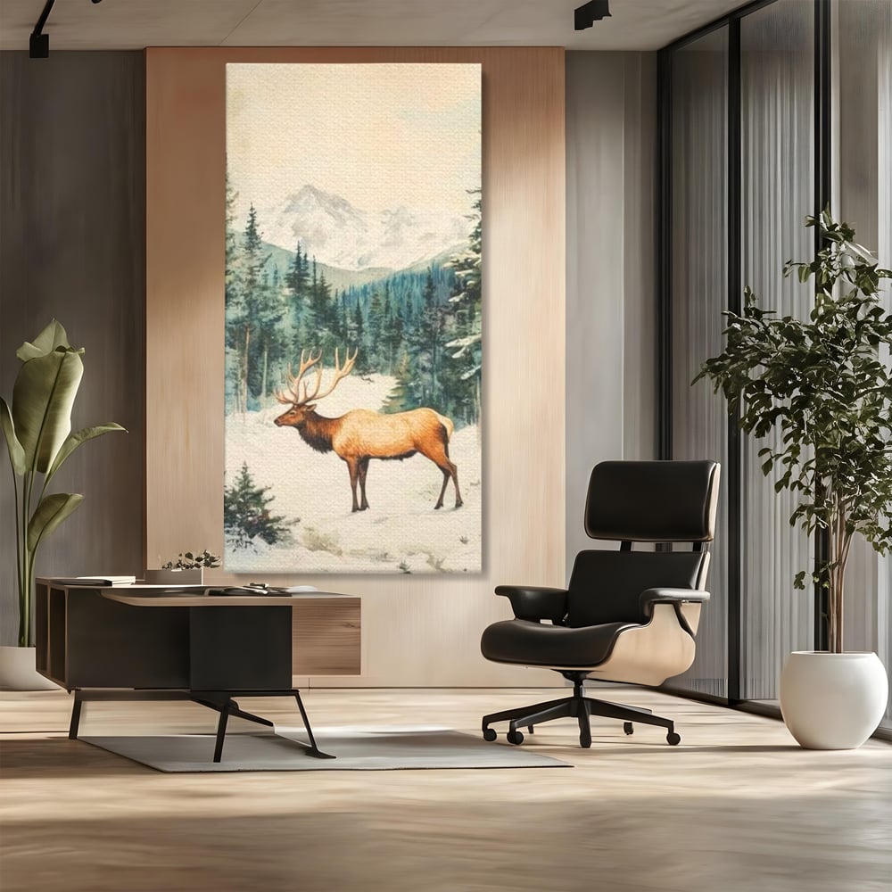 Tablou Canvas Premium LuxCanva® D1050, Cerbul din Muntii Inzapeziti , Cerb, Brazi, Munti, Natura, Zapada, Padure, Living Room, Culori vibrante