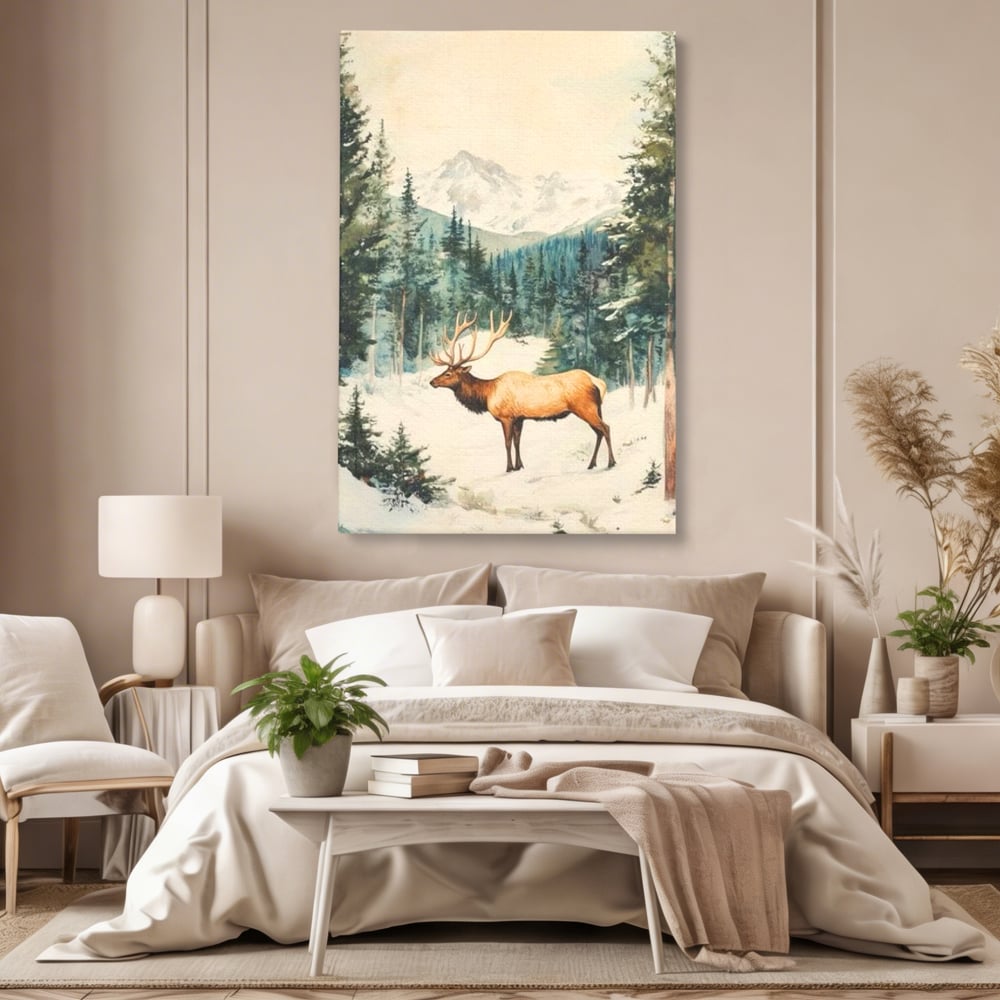 Tablou Canvas Premium LuxCanva® D1050, Cerbul din Muntii Inzapeziti , Cerb, Brazi, Munti, Natura, Zapada, Padure, Living Room, Culori vibrante
