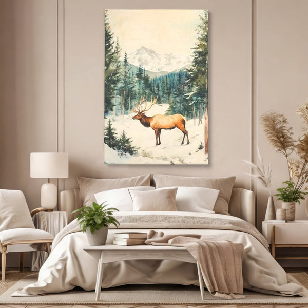 Tablou Canvas Premium LuxCanva® D1050, Cerbul din Muntii Inzapeziti , Cerb, Brazi, Munti, Natura, Zapada, Padure, Living Room, Culori vibrante