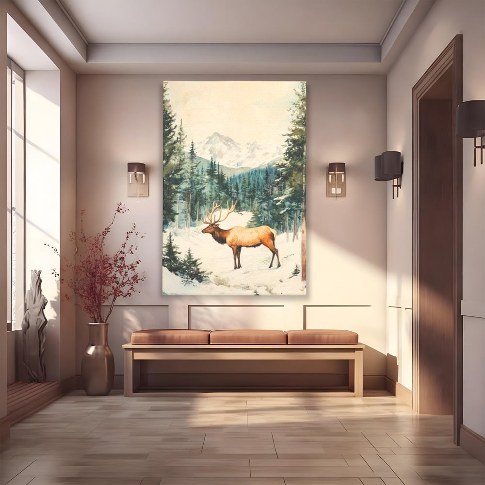 Tablou Canvas Premium LuxCanva® D1050, Cerbul din Muntii Inzapeziti , Cerb, Brazi, Munti, Natura, Zapada, Padure, Living Room, Culori vibrante