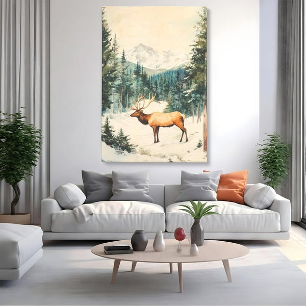 Tablou Canvas Premium LuxCanva® D1050, Cerbul din Muntii Inzapeziti , Cerb, Brazi, Munti, Natura, Zapada, Padure, Living Room, Culori vibrante